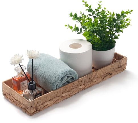 Bandeja de Baño Almacenaje Decorativas Jacinto de Agua Cesta Mimbre de Papel Higiénico Rectangular Estante de Toallas para Pasajeros Finos y Largos (Natural 41.5 x 15.5 x 5cm)