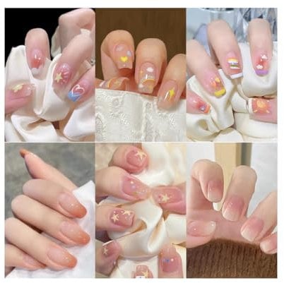 6 Packs (144Pcs) Salon Acrylic Press On Nails, Glossy Glitter Color Gradient false Nails short, Square Shape, 6 bottles of Glue, 1 Prep Pad, 1 Jelly Adhesive Tape,1 Manicure Stick, 1 Mini File