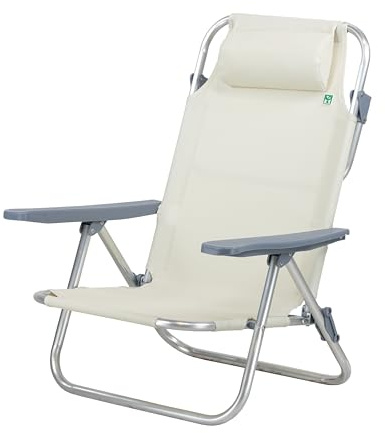 Totò Piccinni Spiaggina AVANA sedia sdraio pieghevole in Alluminio e Textilene con cuscino e braccioli e schienale alto reclinabile 6 posizioni (Beige 1 Pz)