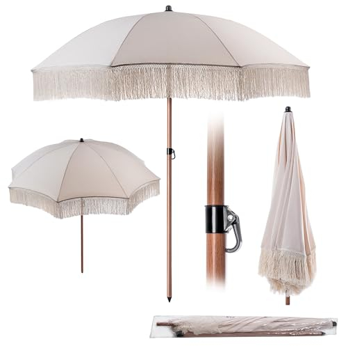KADAX Sonnenschirm mit Fransen, Runder Strandschirm 180 x 128-215 cm, Höhenverstellbarer Gartenschirm, Strandschirm, Terrassenschirm