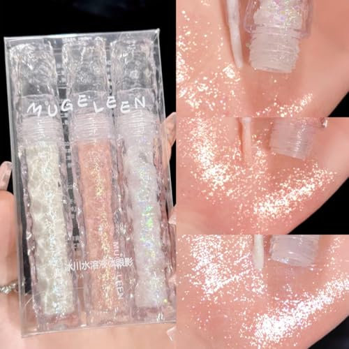 Pakivs Set di 3 Ombretti Glitterati Scintillanti per San Valentino - Ombretto Liquido Durevole, Trucco per Occhi Coreani Impermeabile (Set A)