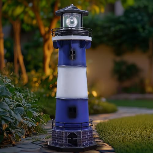 Solar Metall-Leuchtturm Hofdekoration – Garten-Leuchtturm mit rotierendem Licht, Rasenornament, Leuchtturm mit Landschaftsklammern, Terrasse, Gartendekoration, Gartenliebhaber-Geschenke (Blau,