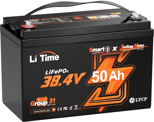 LiTime 36V 50Ah LiFePO4 Batteria Bluetooth con Protezione a Bassa Temperatura Progettata per Trolling Motor Boat, 4000-15000 Cicli e 10 Anni di Vita perfetto per la Pesca su Ghiaccio, Campeggio