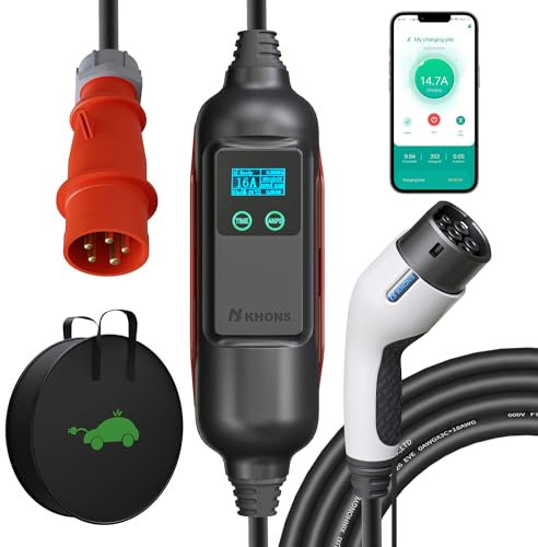 KHONS Typ 2 Ladekabel mit CEE-Stecker 11 kW 6–16 A 3 Phasen 6 m IP65 wasserdichtes tragbares EV-Ladegerät und einstellbare Mobile Wallbox-Ladestation für IEC 62196-2 mit Smart-App