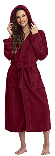 Damen-Bademantel mit flauschiger Kapuze, weicher Plüsch mit Taschen, weicher Wickelmantel, Thermo-Frottee-Bademantel für Herbst und Winter, geeignet für Schönheitssalon, Hote und Spa, wein, XXL