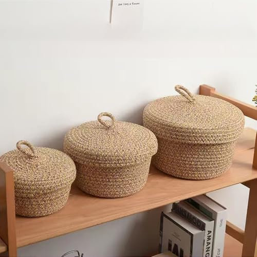 WANSHI körbe mit deckel geflochten,aufbewahrungskorb geflochten mit deckel,korb rund geflochten mit deckel,Yarn, Nursery Accessories, Snacks (Gelb-violette, farbige Stiche)