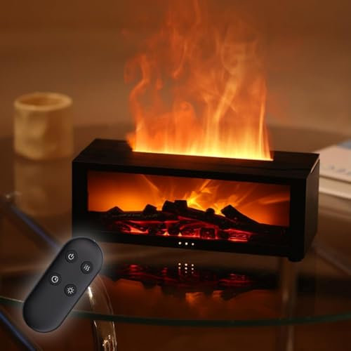 3D Flammen Aroma Diffuser mit LED Kamin, USB Leise Aroma Diffuser für Ätherische Öle mit 7-Farben-Licht, Luftbefeuchter mit Fernbedienung, 3 Timer, Wasserlose Abschaltautomatik (Schwarz)