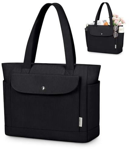 IGOLUMON Corduroy Tote Bag for Women with Magnetic Snap Front Pocket Large Capacity Shoulder Handbag with Zipper Work Travel Gym School College Shopping Daily Use