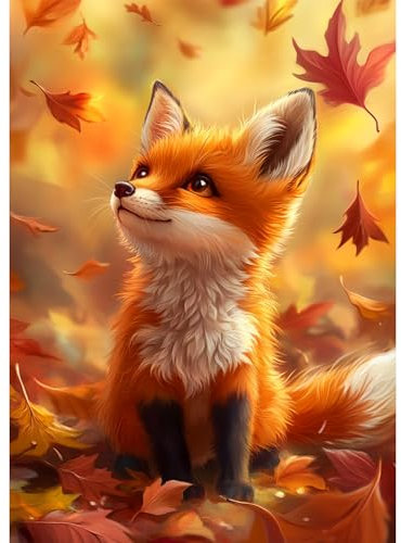 Bowetile Diamond Painting Niedlicher Fuchs, Tier-Diamond-Art-Malerei-Sets für Erwachsene, Komplette Strassbilder Herbstblätter-Bilder mit Strasssteinen für Anfänger, Wandschmuck für Zuhause 30x40 cm