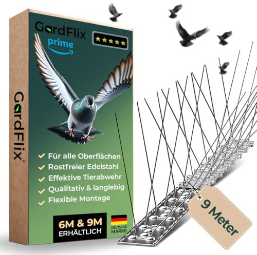 Gardflix® Taubenabwehr Spikes Taubenschreck 9m & 6m | Edelstahl Vogelschreck für Balkon und Fenster | Vogelabwehr Spikes zum Tauben vertreiben | Vogelschutz Abwehr gegen Vogelnester (Metall 9m)