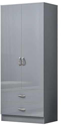 Nera High Gloss 2 Door Wardrobe with Drawers and Hanging Rail Slim Wardrobes for Small Bedrooms Storage (Grey Gloss (Matt Grey))