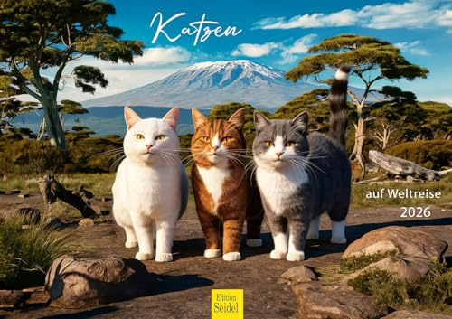 Edition Seidel Premium Kalender Katzen auf Weltreise 2026 Format DIN A3 Wandkalender Katzenkalender Reisekalender Katze Kätzchen Welt Reise Metropolen weltweit