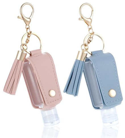 Classicseali 2 disinfettanti per le mani con clip, disinfettante per le mani in pelle portatile con clip, bottiglie vuote ricaricate, con portachiavi, per sapone liquido e shampoo, rosa, blu