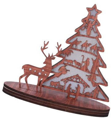 Sxett Árbol de Navidad de madera LED de color blanco cálido para ambientes interiores festivos, funciona con pilas, pueblo de Navidad de madera