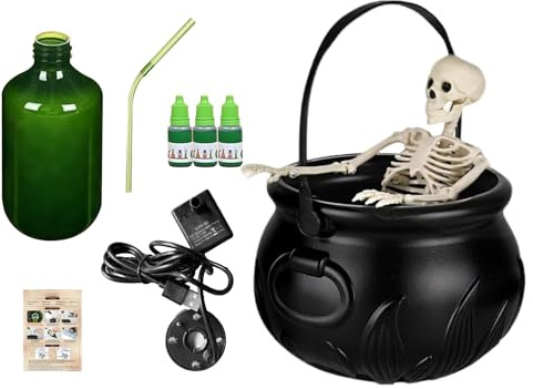 Halloween Cauldron Decor,Vintage Black Cauldron With Witch Brew Diffuser,Gothic Skull Display,Floating Potion Bottle,Halloween Decorations Witch for Fireplace Bedroom Desktop Indoor Outdoor