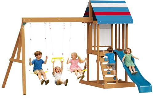 Albott Wooden Swing Set for Kids with Tower Playhouse, Outdoor Playset
