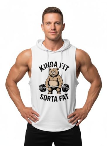 IRON PANDA Men's Workout Hooded Tank Tops Sleeveless Gym Hoodies Bodybuilding Muscle Shirts-Kinda FIT Sorta Fat Hooded Tank