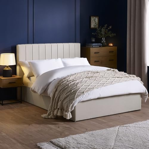 Julian Bowen Aylen Ottoman Bed, Storage, King, Cream - W168 x D213cm | Upholstered Storage Bed Frame, 150cm/5ft, Easy-Lift Storage, No Box Spring Needed, Padded Fluted Headboard, Oatmeal Linen