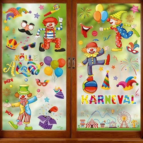 9 Stück, Karnevals Deko, 20 x 30 cm Größe, Halloween Deko Clown, Zirkus Deko, Fensteraufkleber, Bunt Und Vielseitig, Leuchtende Farben und lustiges Design, Glückliche Atmosphäre
