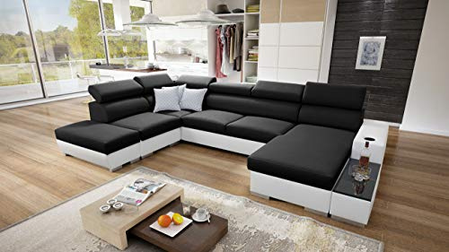 IM SOFA PERS VI Wohnlandschaft U-Form Ecksofa mit Schlaffunktion Bettkasten Couch Wohnzimmer freistehend verstellbare Kopfstützen 3 Dekokissen (Schwarz Sawana + Weißes Kunstleder, Rechts)