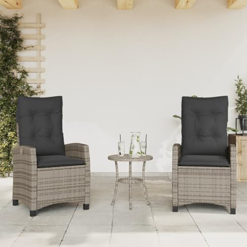 IBUQDDV Gartensessel mit Kissen 2 STK. Verstellbar Grau Poly Rattan, PE Rattan Gartenstuhl mit Verstellbarer Rückenlehne und Abnehmbarem Bezug, Wetterbeständige Outdoor Sitzgruppe