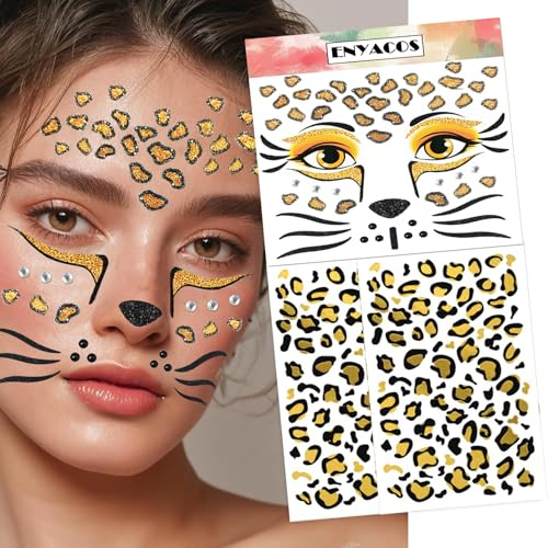 ENYACOS Leopard Gesichtstattoo Set – 3 Bögen: 1x Großes Leo Face Sticker & 2x Tattoo Muster – Wildkatze Make-up Alternative & Raubkatzen Aufkleber für Karneval & Halloween Kostüm Damen