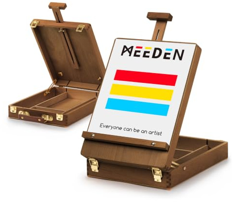 MEEDEN Tisch-Malkastenstaffelei aus Massivem Buchenholz: Verstellbare Tischstaffel mit Aufbewahrungsbox für Künstlerbedarf - Skizzenbox Staffelei geeignet für Erwachsene und Künstler,Helles Nussbaum