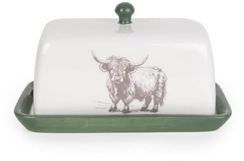 Home Deco London Highland Cow Ceramic Butter Dish with Lid, Countryside Animal Print, Kitchen Serving Accessory (Green Butter Dish)