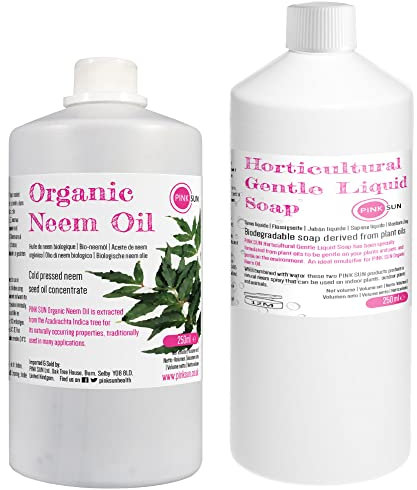 Pure Organic Neem Oil and Horticultural Gentle Liquid Soap Combo Pack 250ml for Spray Plants Pets Animals Dogs Horses PINK SUN