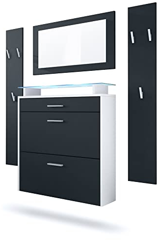 Vladon Garderobe Malea, Garderobenset bestehend aus 1 Hängeschuhschrank, 1 Wandspiegel und 2 Garderobenpaneele, Weiß matt/Schwarz matt