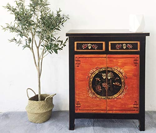 OPIUM OUTLET chinesische Kommode Sideboard Wohnzimmer Schrank Anrichte asiatisch orientalisch Vintage Shabby Chic Stil Kolonialstil Bunte Motive (rot/schwarz)