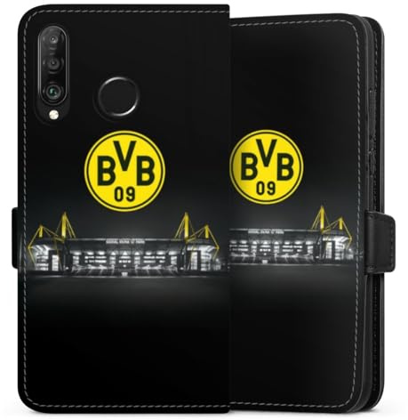 Klapphülle kompatibel mit Huawei P30 Lite Handyhülle aus Kunst Leder schwarz Flip Case BVB Stadion Borussia Dortmund