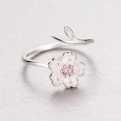 Damen 925 Sterling Silber Luxus Ringe, Silber Sakura Blume Verstellbarer Ring Kirschblüten Pink Zircon Ring Schmuck School Style Handmade Einzigartig Luxuriösen Charme