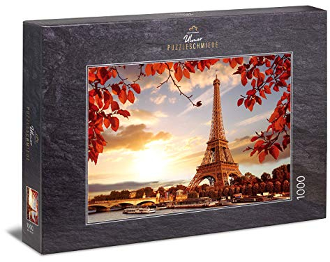 Ulmer Puzzleschmiede - Puzzle „Herbst in Paris“– Klassisches 1000 Teile Puzzle – Puzzlemotiv des Eiffelturm hinter der Seine und herbstlichen Blättern in Paris, Frankreich