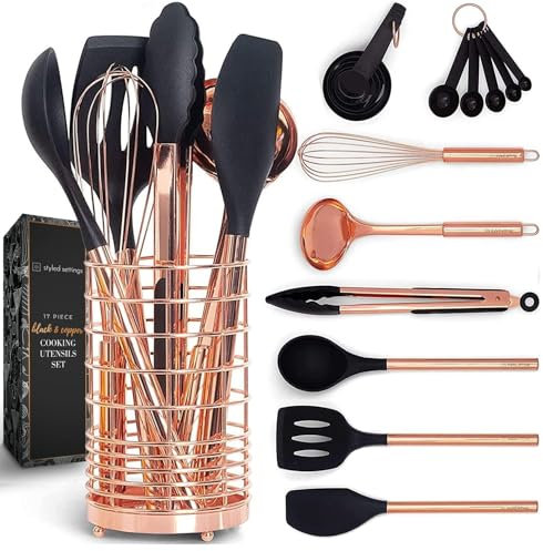 Black and Copper Kitchen Utensils with Holder - 17-Piece Set with Measuring Cups and Spoons, Rose Gold Cooking Tools - Stylish Black and Copper Kitchen Accessories for Modern Cooking and Baking