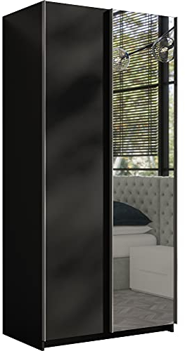 Furniture24 Schwebetürenschrank Rick 100 Kleiderschrank Schiebtür 2 Türen 5 Einlegeboden 1 Kleiderstange Schrank Schwarz matt mit Spiegel