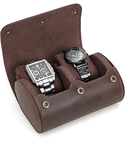 Contacts Contact's Uhrenbox aus Echtem Leder für Zylindrische Uhren, Coffee 2 für 2 Uhren, Braun Kaffee