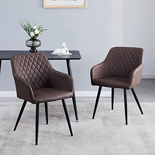 LEMROE 2er Esszimmerstuhl mit Rückenlehne und Armlehne, Kunstlederstuhl, modernes Design, schwarz lackierte Beine, Wohnzimmerstuhl, Loungesessel, Tragkraft 150 kg (Brown)