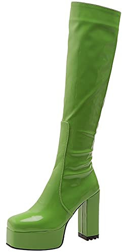 CUTEHEELS Stivali casual plateau alti al ginocchio con tacco grosso e punta quadrata per donna alla moda, verde, 38 EU