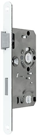 SN-TEC Standard Badezimmer Türschloss mit weißer Stulp, 55/78/8, Stulp: 20 x 235mm abgerundet weiß DIN Links (BAD/WC LINKS)