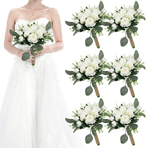 HOMENERGY Set of 6 Bridesmaid Bouquets for Wedding - 7 Inch Artificial Ivory Flower Bouquet for Party Ceremony Anniversary Dinning Table Centerpieces Decor - Ivory