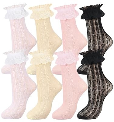 Geyoga 4 Paires Chaussettes à Volants en Dentelle Femme Chaussettes à la Cheville (Noir, Blanc, Rose, Jaune Clair, Volants)