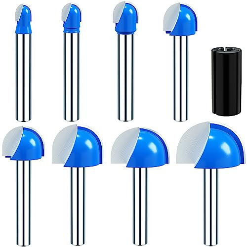 Helovmine 1/4 Inch Shank Round Nose Cove Core Box Router Bit Set Solid Carbide Double Flute Round Nose Router Bit 1/4 5/16 3/8 1/2 5/8 3/4 7/8 1 Cutting Diameter Woodworking CNC Tools