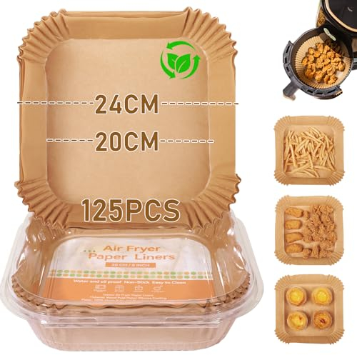 LXUDN Airfryer Backpapier 20-24CM, 125 Stück Backpapier für Heißluftfritteuse Eckig, 4.5L-7L Air Fryer Baking Paper, Heissluftfritteuse Papier Air Fryer Disposable Paper Liner Kompatibel Ninja,Caso
