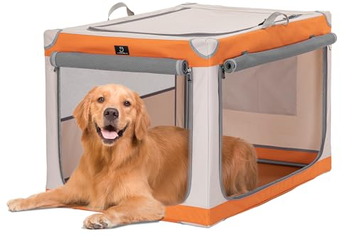 A 4 Pet Hundebox faltbar große Hunde,Hundebox für zuhause Auto Hundetransportbox Soft tragebar, leicht zu verstauen mit montiertem Aluminium Rahmen, einstellbare Kompatibilität (L, Orange+Beige)