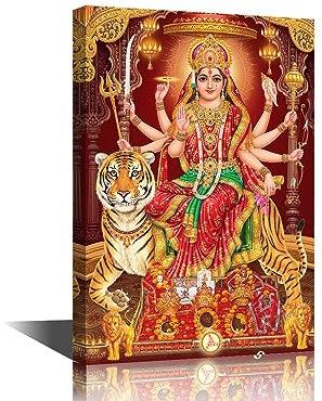 TISHIRON Durga Mata Leinwand-Kunst, Hindu-Gott mit buntem Hintergrund, Bilder, Poster, Wanddekorationen für Wohnzimmer, Schlafzimmer, Zuhause, Wände, gerahmt, fertig zum Aufhängen, 45,7 x 30,5 cm