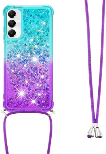 Handykette Handyhülle für Samsung Galaxy A05s, Hülle Quicksand Gradient Glitzer mit Kette Band, Glitzer Flüssig Bewegende Treibsand TPU Silikon Cover, Handykordel Case mit Kordel Umhängenband