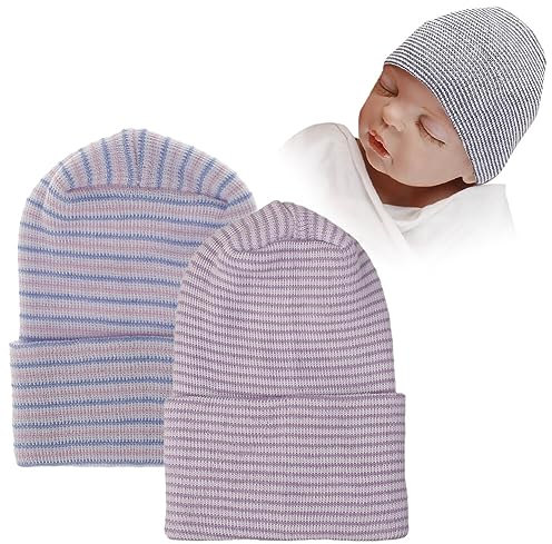 iSpchen 2 Stück Neugeborenes Mütze Babymütze Beanie Hut Unisex Kleinkind Turban Baby Newborn Herbst Mädchen Jungen Säuglings Kinder Erstlingsmütze Winter Schlupfmütze Blau, Rosa, Weiß + Hellviolett