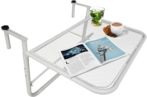 Outsunny Mesa Colgante de Balcón con Brazo Regulable y Altura Ajustable en 3 Posiciones Marco Metálico Carga Máx. 30 kg 60x56,5x45 cm Blanco