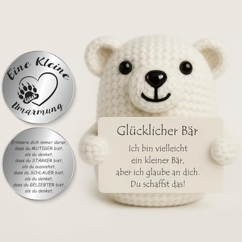 Tixlux Pocket Hug Glücklicher Bär, Kreative Strickwolle Bär Puppe und Kleine Umarmung Glücksbringer (Weiß), MutmacherGeschenk, Gute Besserung Geschenk, Einschulung Geschenk